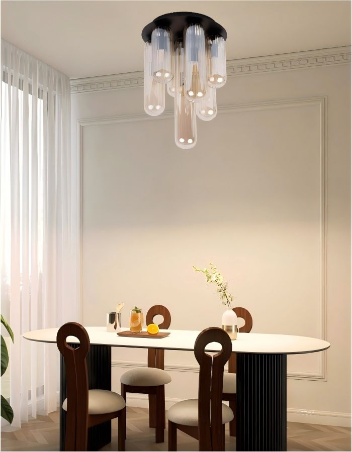 7-lights cascading amber glass tube chandelier with black metal