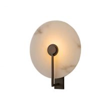 Round white marble wall light with dark metal arm, modern alabaster wall sconce main product image