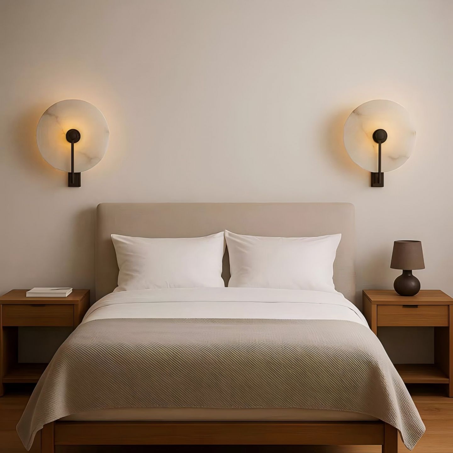 Round white marble wall light with dark metal arm, modern alabaster wall sconce main product image