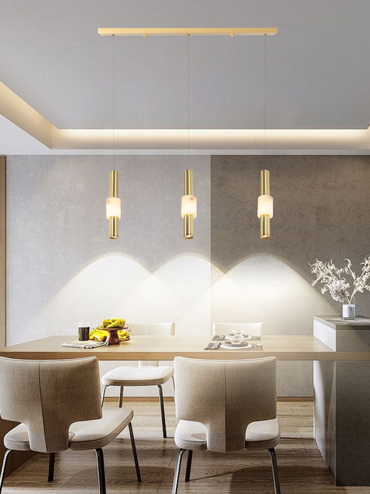 3 Light Luxury Modern Brass Natural Alabaster Linear Dining Room Pendant Chandelier LED Kitchen Island Hanging Light P989203