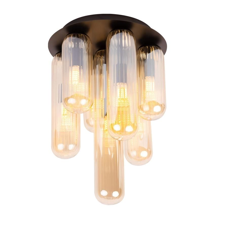 Modern cascading amber glass tube flush mount ceiling light with black metal base that turn on in door