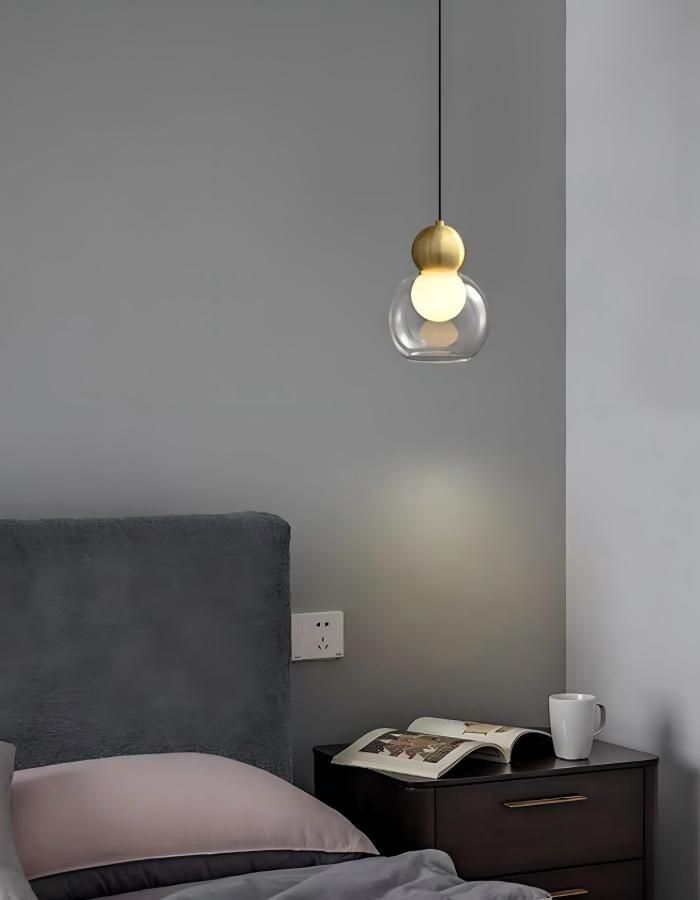 clear glass brass pendant lamp, gourd-shaped bedside hanging light.