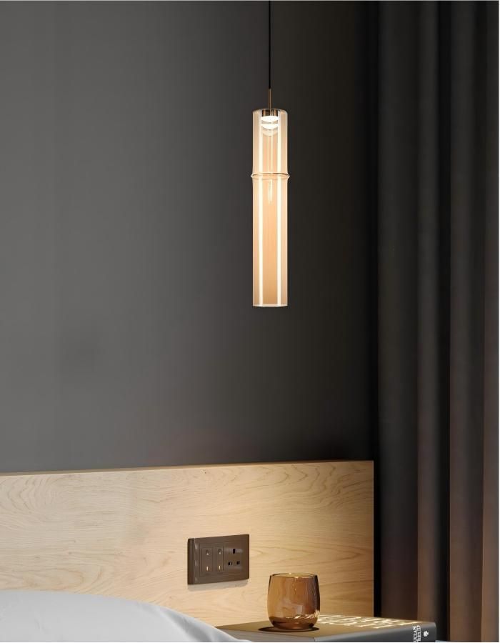 Amber glass bamboo pendant lamp, minimalist LED lighting for modern home, 90x450mm