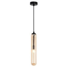 Minimalist amber glass cylinder pendant lamp with black metal base, designed for bedroom bedside lighting,
