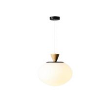 Nordic minimalist pendant light with triangular wood accent and frosted opal glass shade, ideal for bedroom and living room decor