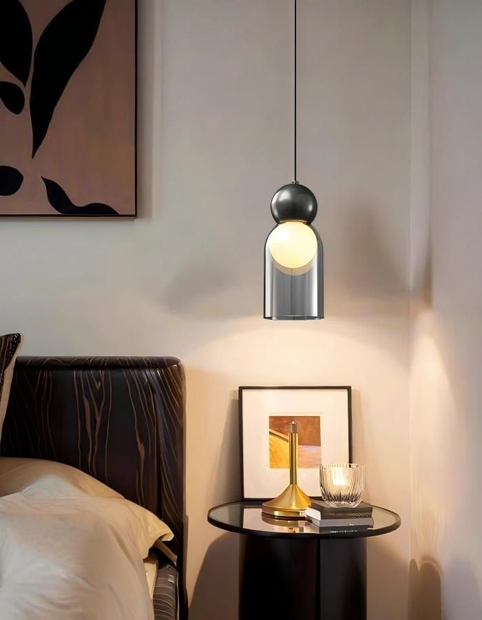 modern indoor bedroom smoky glass black metal pendant light, cylinder bedside hanging lamp