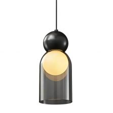 Modern smoky glass pendant light with black top, minimalist hanging lamp for bedroom and bar